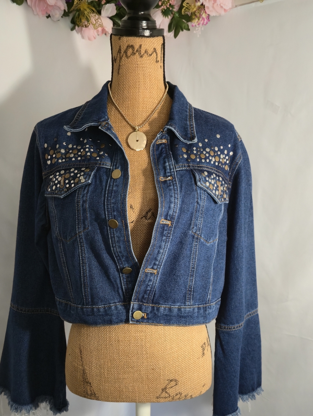 Embellished Indigo Denim Cropped Jacket
